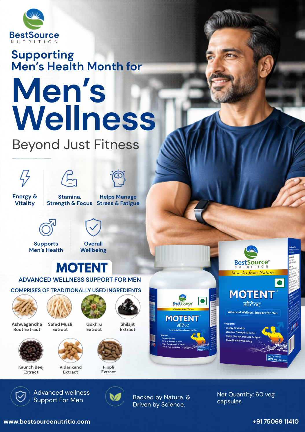 Motent Men's Wellness capsules, featuring a man in a gym setting alongside the product box and bottle, with text detailing product benefits and ingredients.