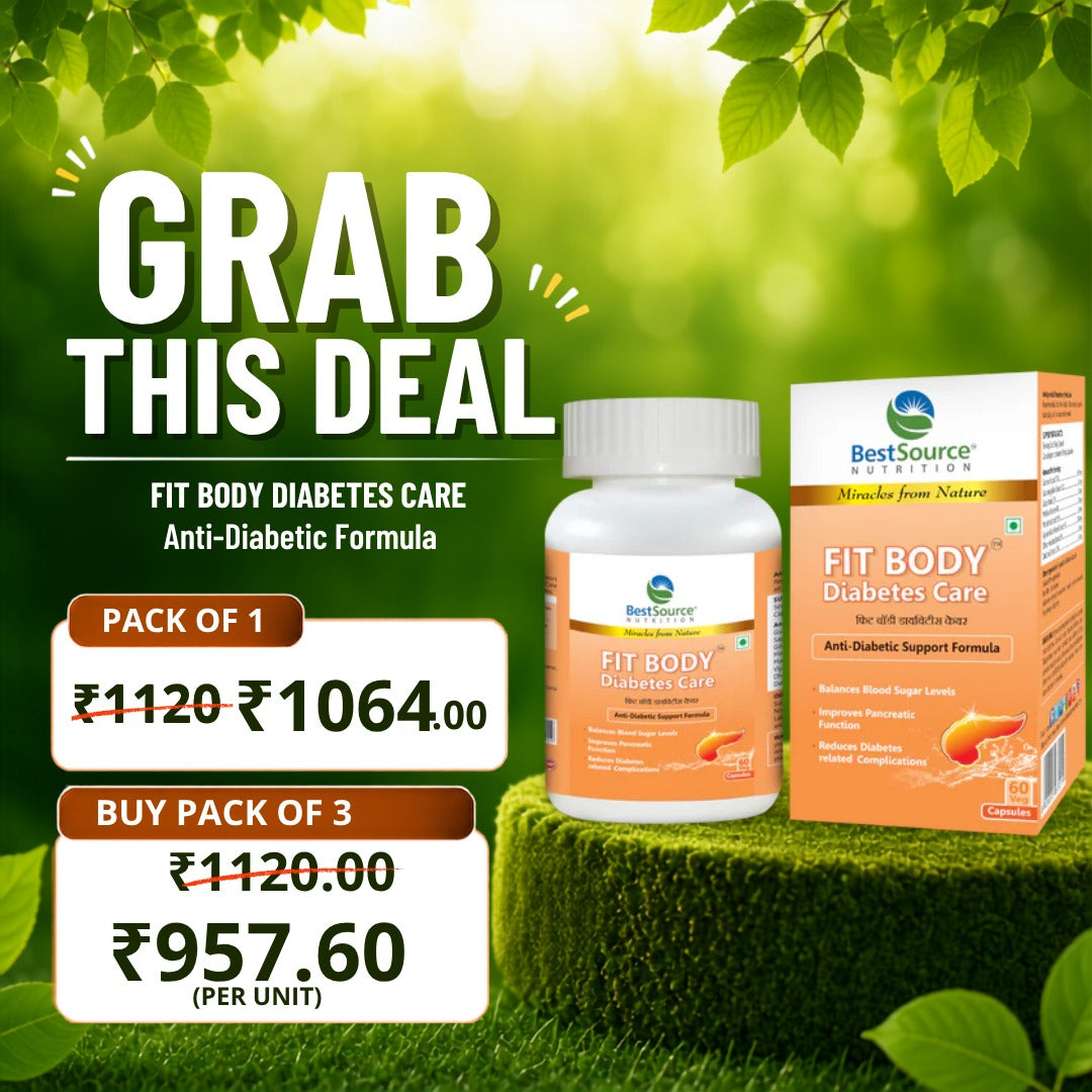 BestSource Nutrition Fit Body Diabetes Care, showing a white supplement bottle and matching orange-and-white box on a grassy surface with a green leafy background. Large text reads 'GRAB THIS DEAL' with pricing for pack of 1 and buy pack of 3.