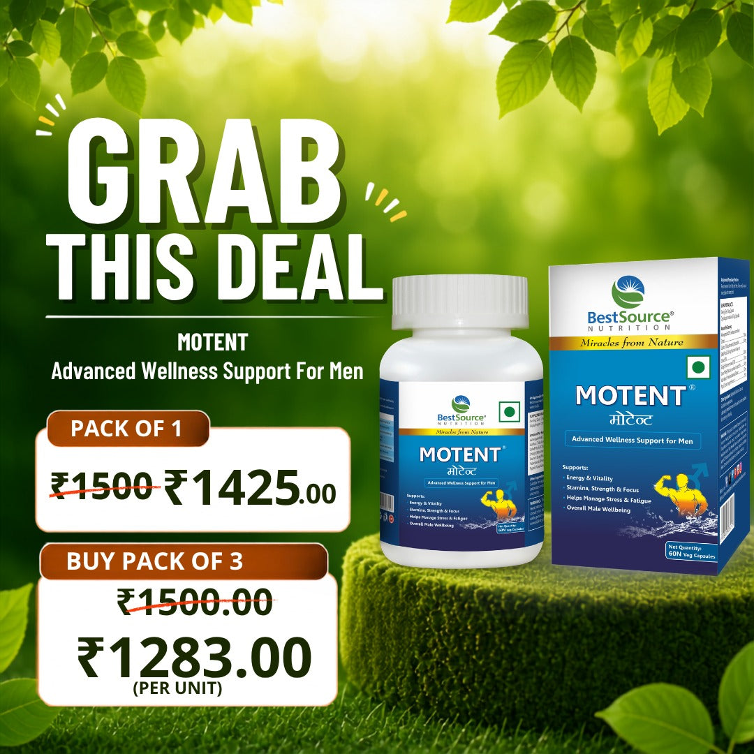 MOTENT Advanced Wellness Support For Men by BestSource Laboratories, showing a white supplement bottle and blue retail box on a grassy surface with a green leafy background. Large text reads 'GRAB THIS DEAL' with pricing for pack of 1 and buy pack of 3.