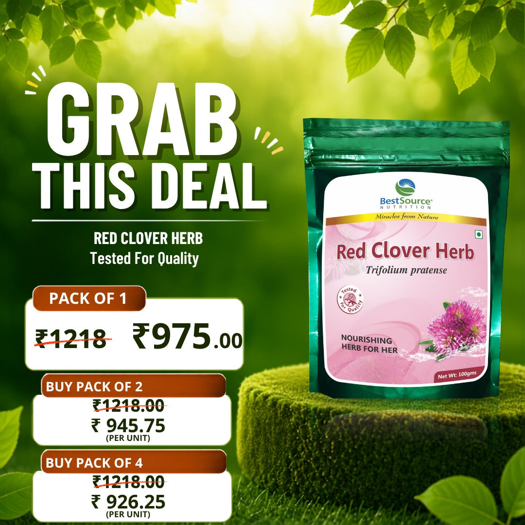 A red clover product graphic for BestSource Organics Red Clover Herb. A green stand-up pouch of the herb is shown on a mossy pedestal against a bright green leafy background.