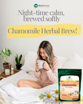 A woman in a pink robe sits in bed holding a mug, with a package of BestSource Nutrition Chamomile Herbal Brew shown in the lower right corner. Large text at the top reads, 'Night-time calm, brewed softly' and 'Chamomile Herbal Brew!'.