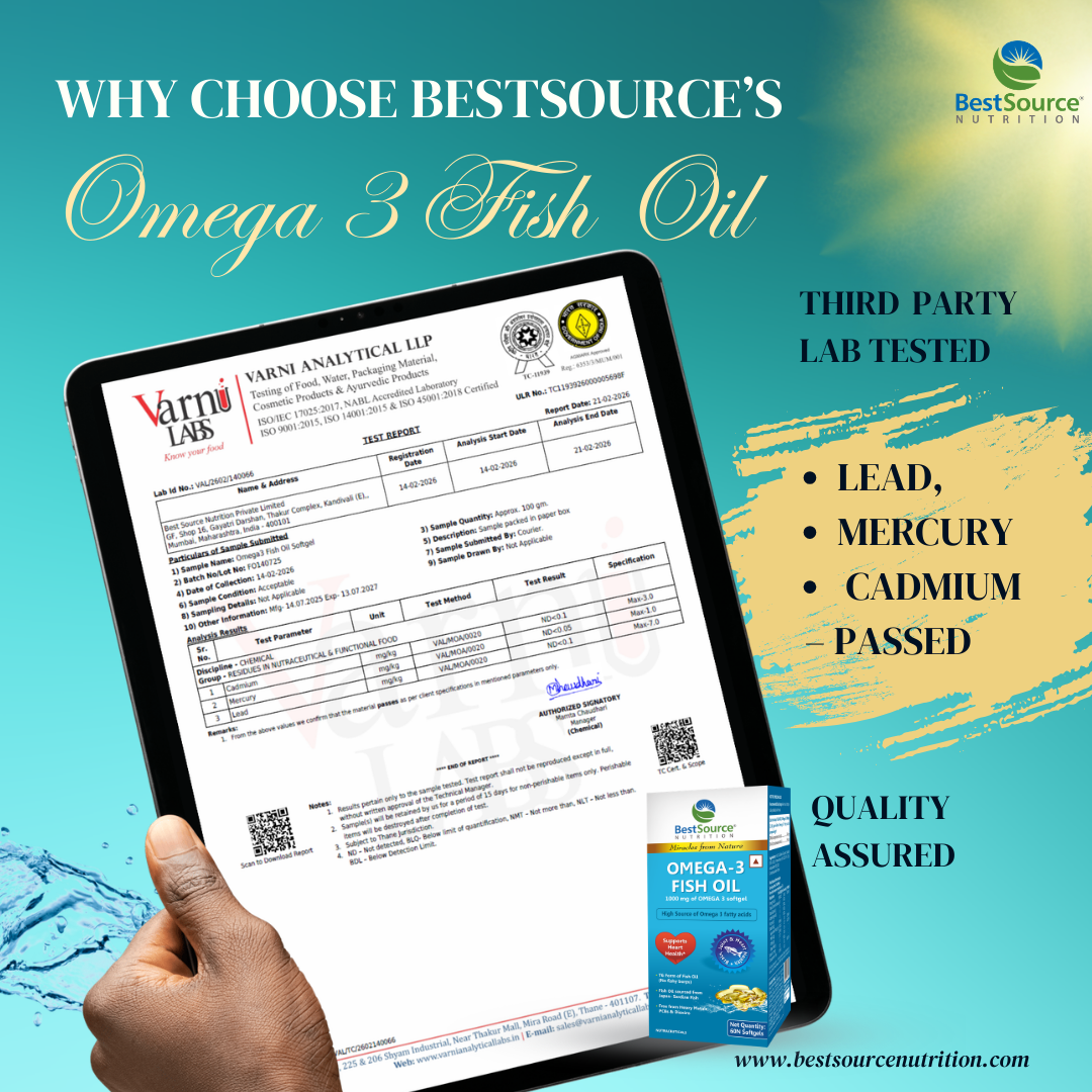 BestSource Omega 3 Fish Oil with a tablet displaying a lab test result and product packaging.