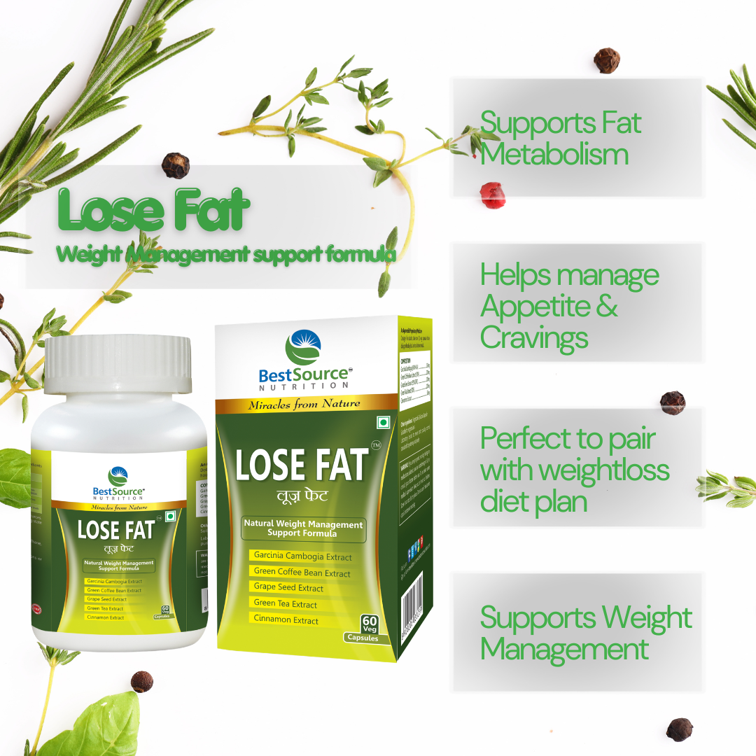 BestSource Nutrition Lose Fat Q&A One supplement bottle and box displayed on a white background with decorative herbs and text callouts about weight management benefits.