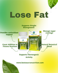 'Lose Fat' supplement, showing a white bottle and matching green/yellow box with callout text about weight management, sugar control, and natural botanical blend on a green-to-yellow gradient background.