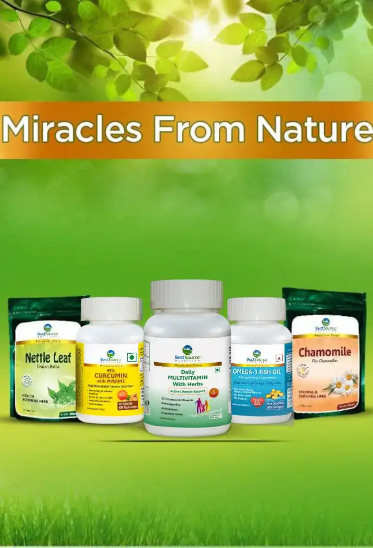 Collection of natural health products with 'Miracles From Nature' text on a green background