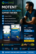 BestSource Nutrition's Motent Advanced Wellness Support for Men, featuring a man drinking from a shaker bottle alongside product packaging (a white bottle and a blue/white box) with pricing and feature icons.