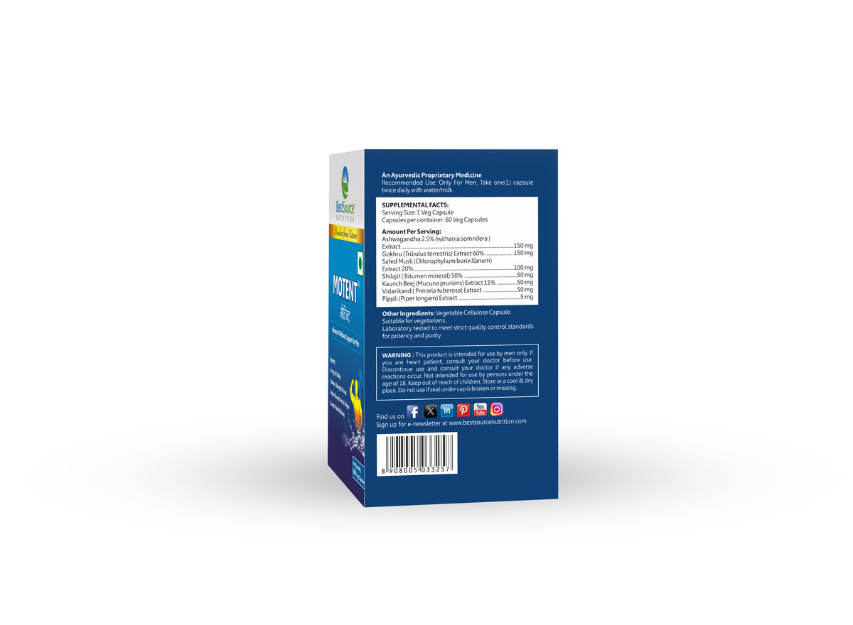 Nutritional information of  motent (men wellness nutrition product) on a white background