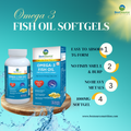 Omega 3 Fish Oil Softgels packaging with bottle and box on a wooden board against a blue background.