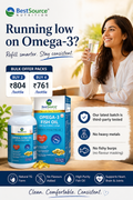 Omega-3 Fish Oil of bestsource with a woman holding a glass of water.