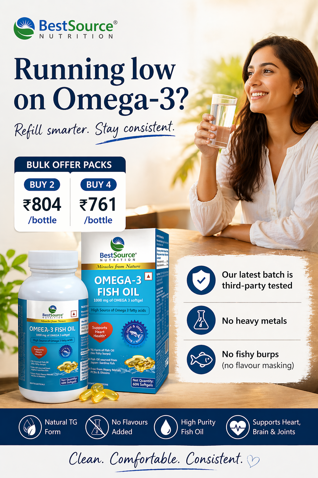 Omega-3 Fish Oil of bestsource with a woman holding a glass of water.