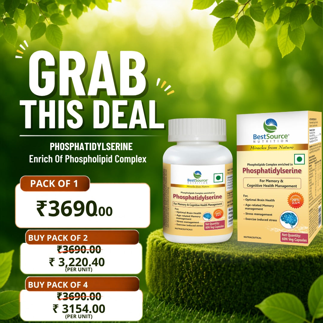 BestSource Phosphatidylserine supplement offer with a white bottle and matching box displayed on a green grass-like pedestal against a blurred green foliage background. Large text reads 'GRAB THIS DEAL' with pricing for pack of 1, 2, and 4.