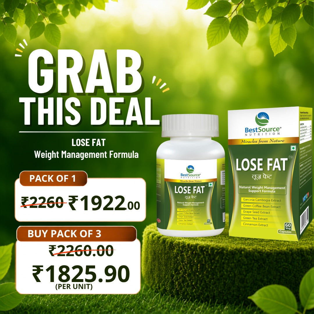 BestSource Nutrition 'Lose Fat' weight management formula, showing a white bottle and matching box on a green grass-like surface with a blurred green leafy background. Large text reads 'GRAB THIS DEAL' with pricing and buy-pack offers.