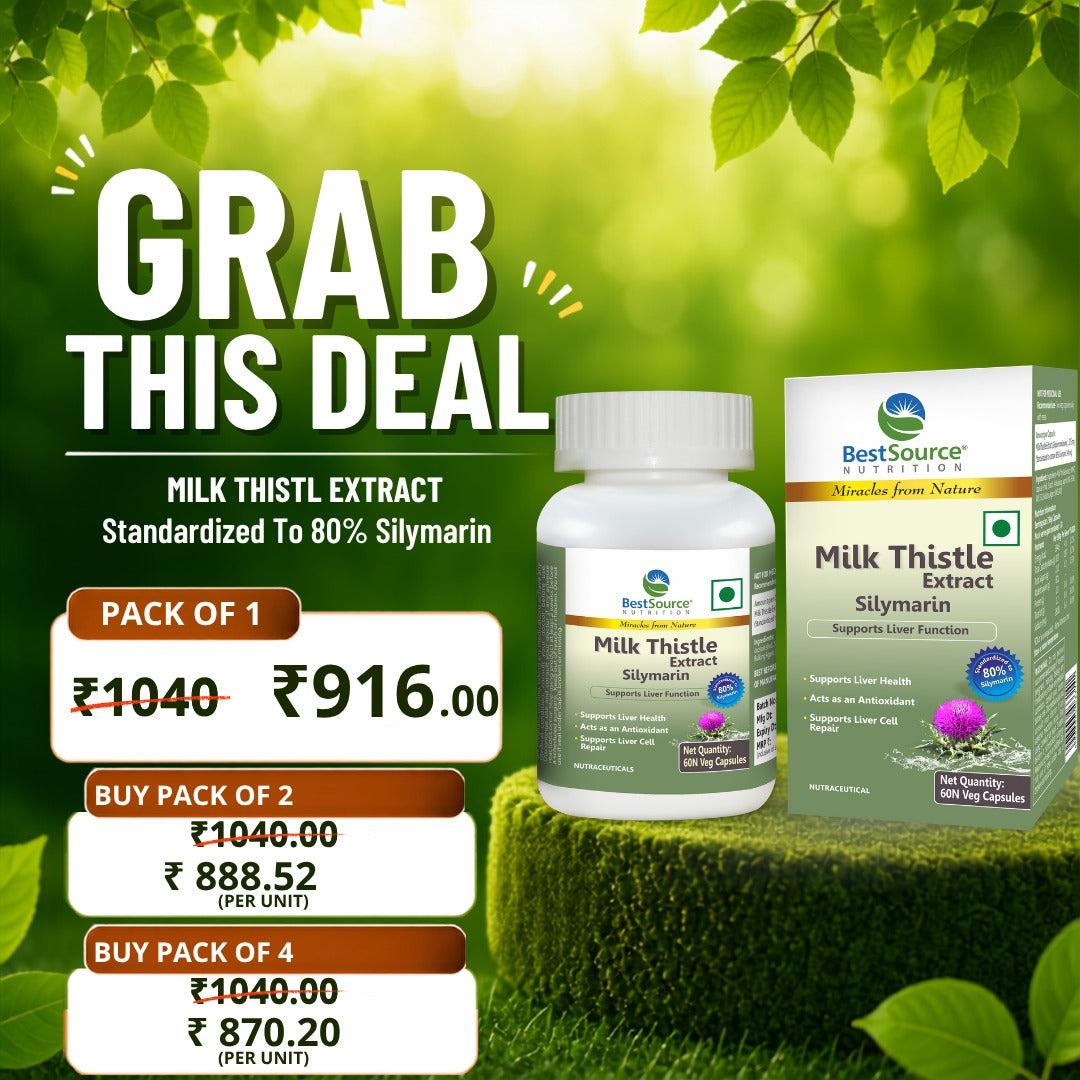BestSource Naturals Milk Thistle Extract Silymarin supplement bottle and box displayed on a green grass-like surface with a blurred green background and leafy branches. Large promotional text reads 'GRAB THIS DEAL' with pricing for pack sizes.