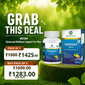 MOTENT Advanced Wellness Support For Men by BestSource Laboratories, showing a white supplement bottle and blue retail box on a grassy surface with a green leafy background. Large text reads 'GRAB THIS DEAL' with pricing for pack of 1 and buy pack of 3.