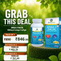 BestSource Health Omega-3 Fish Oil  graphic showing a white bottle and matching retail box on a green leafy background, with large text reading 'GRAB THIS DEAL' and pricing for pack sizes in Indian rupees.