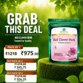 A red clover product graphic for BestSource Organics Red Clover Herb. A green stand-up pouch of the herb is shown on a mossy pedestal against a bright green leafy background.