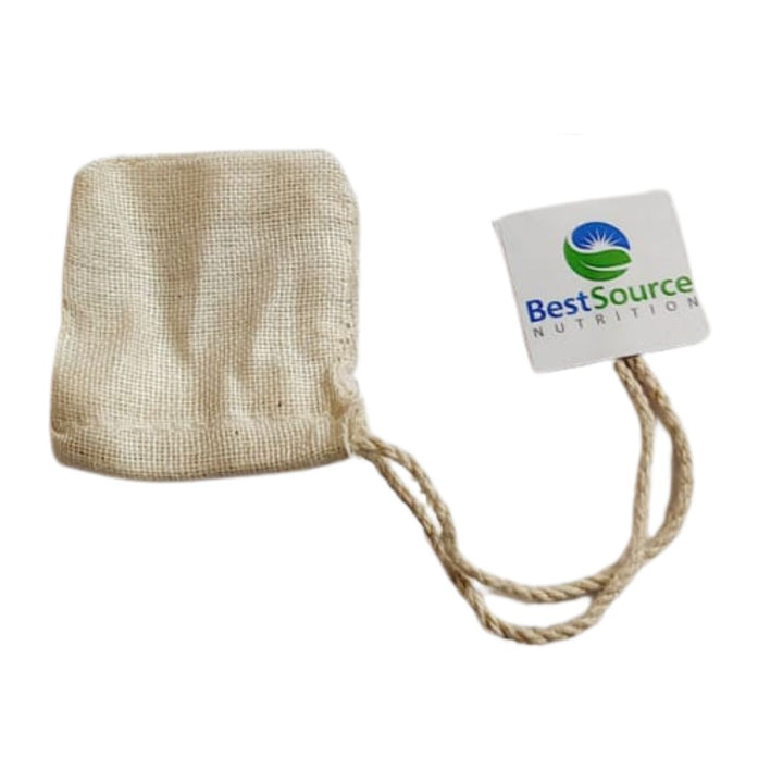 Cotton tea filter bag with a tag labeled 'BestSource Nutrition' on a white background
