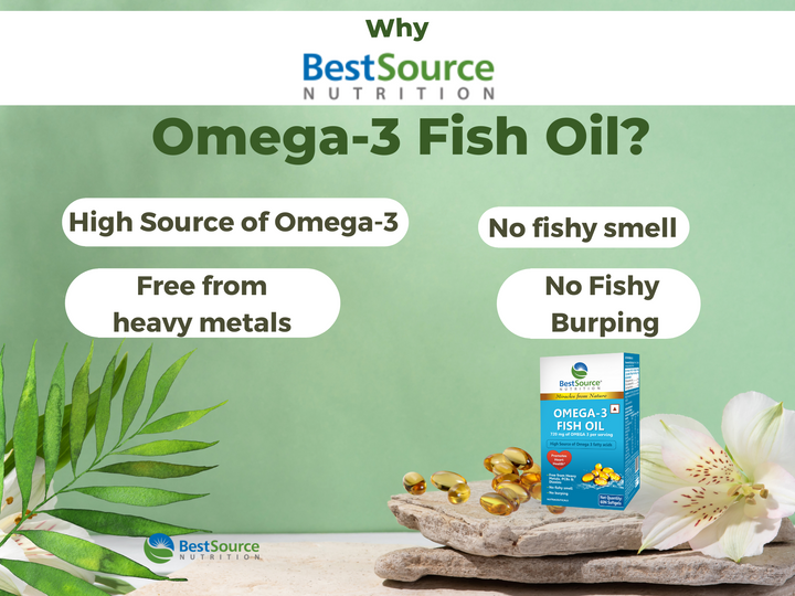Why BestSource Nutrition's Omega 3 Fish Oil reasons with product bottle placed on white rock